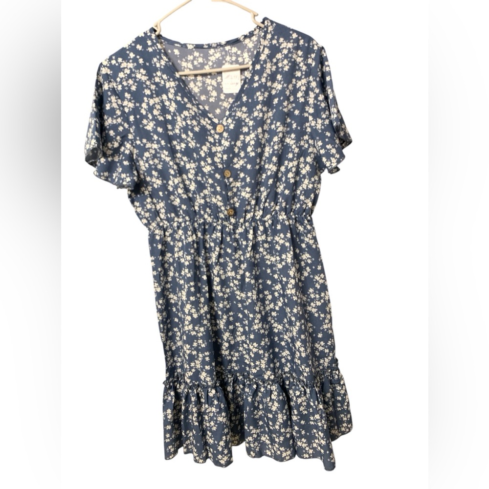 Blue and cream flowers unknown brand dress lightweight small ruffles elastic